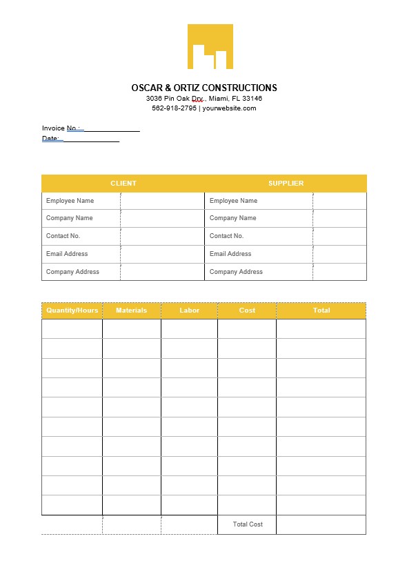 Printable Construction Invoice Template PSD template